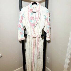 Stan Herman White Chenille Robe — Pink & Teal Rose Embroidery - Vintage
